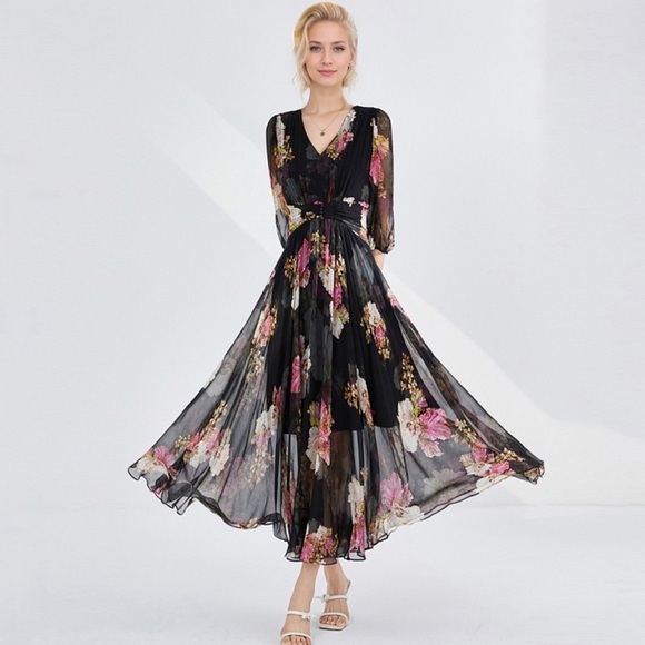 100% Silk Maxi Dress Floral Print For Beach honeymoon moon sz XL-2XL
